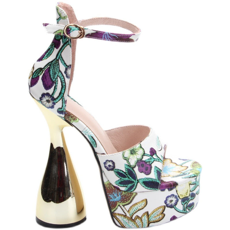 Sandals Women's New Summer Super High Heel Thick Heel Waterproof Platform Embroidered Buckle Fish Mouth 16cm High Heels