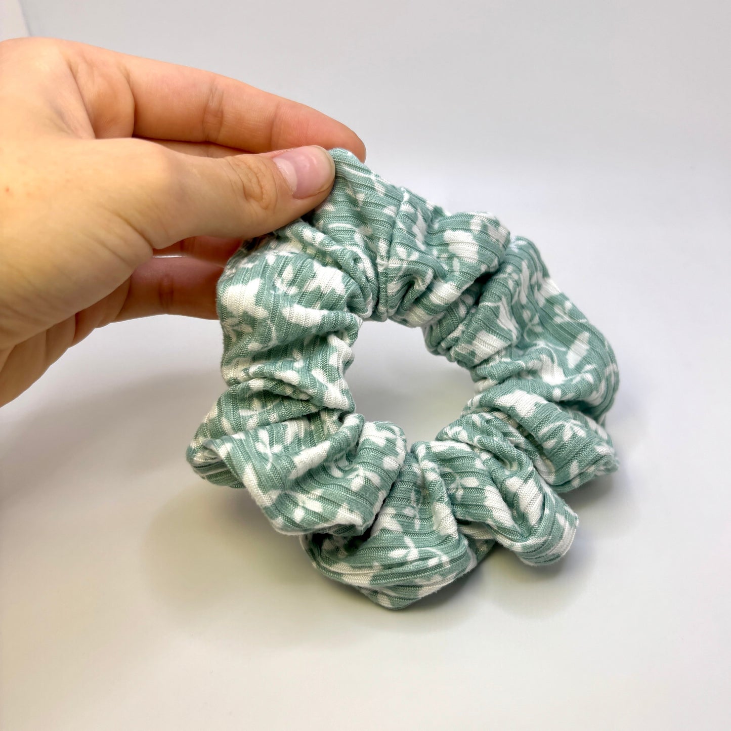 Mini White Leaf Sage Ribbed Scrunchie