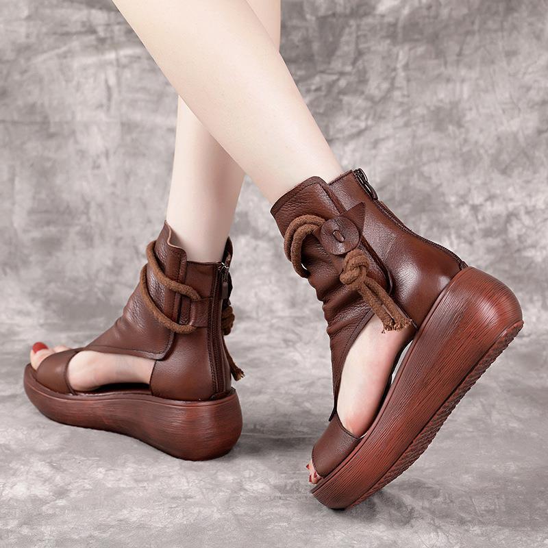 High Quality Miaoguan Women's Sandals Mid Heels Wedge Shoes Ladies Vintage PU Leather Mujer Sapato Feminino