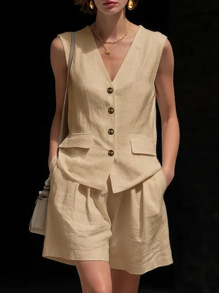 Womens Simple Elegant Cotton-Linen Vest Top And Shorts Two-Piece Set