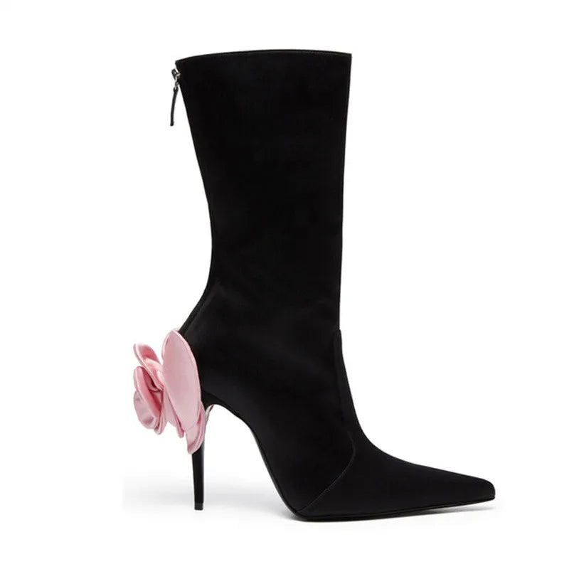 Fashion Flower Women's Mid Calf Boots European And American High Heels Demonia Boots Pointed Toe Stiletto Runway Short Boots