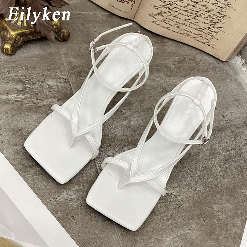 Fashion Ankle Buckle Strap Women Sandals Sexy Summer Square Head Clip Toes Flip Flops Thin High Heels Ladies Party shoes