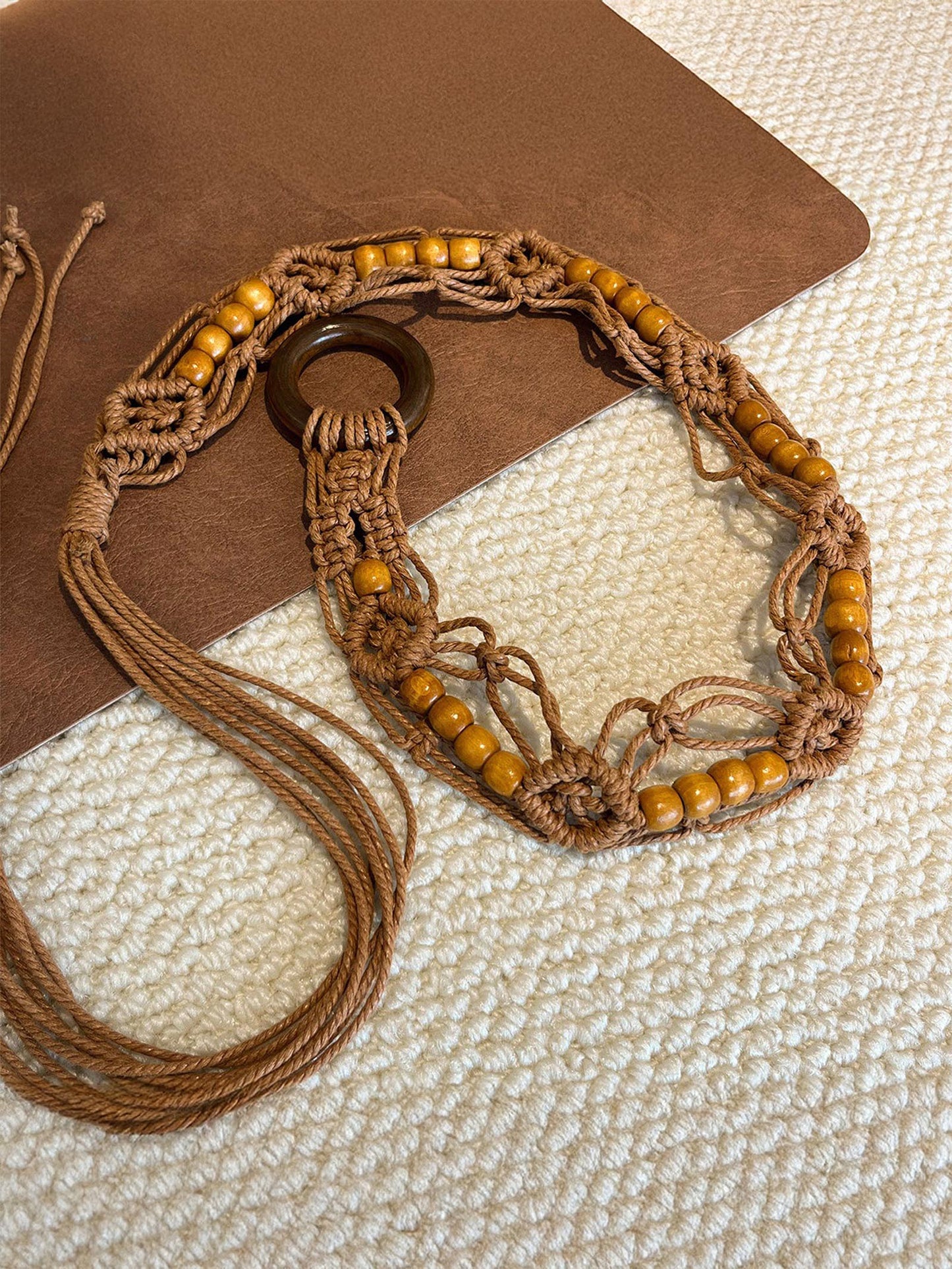 Bohemian Hand-Woven Waxed Cord Waist Rope With Wood Beads