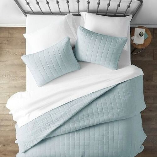 3 Piece Microfiber Farmhouse Coverlet Bedspread Set Light Blue, King/California King-1