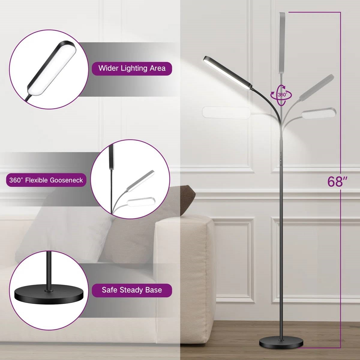 Black Modern 68-inch LED Dimmable Floor Lamp with Remote - Accent/Reading Light-4