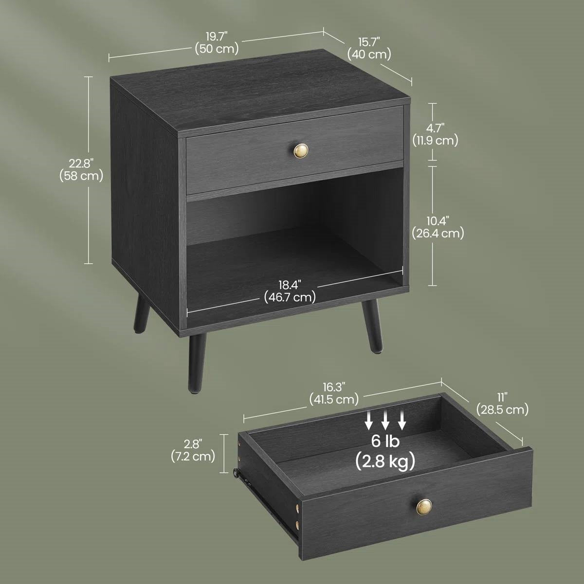 Mid-Century Farmhouse 1-Drawer Nightstand with Open Shelf in Black Wood Finish-4