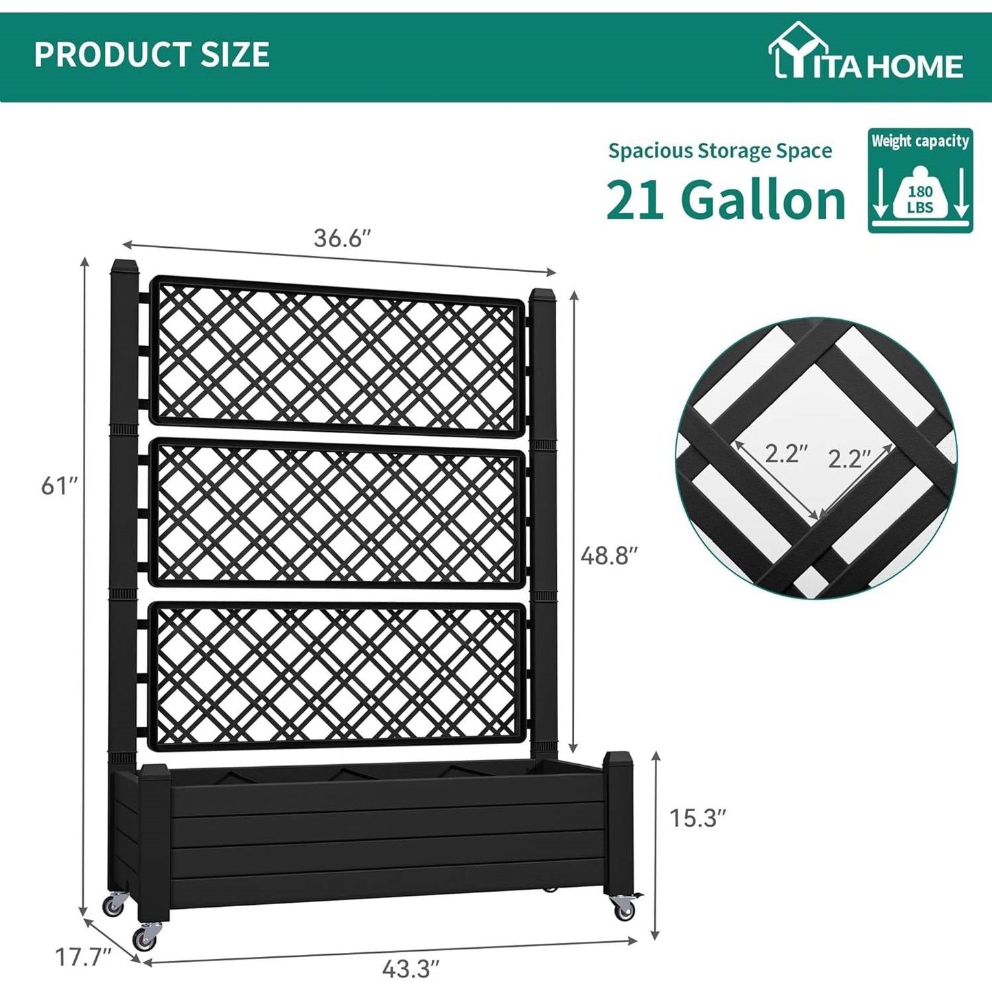 Outdoor Raised Garden Bed Planter Box with Trellis and Wheels in Black-4