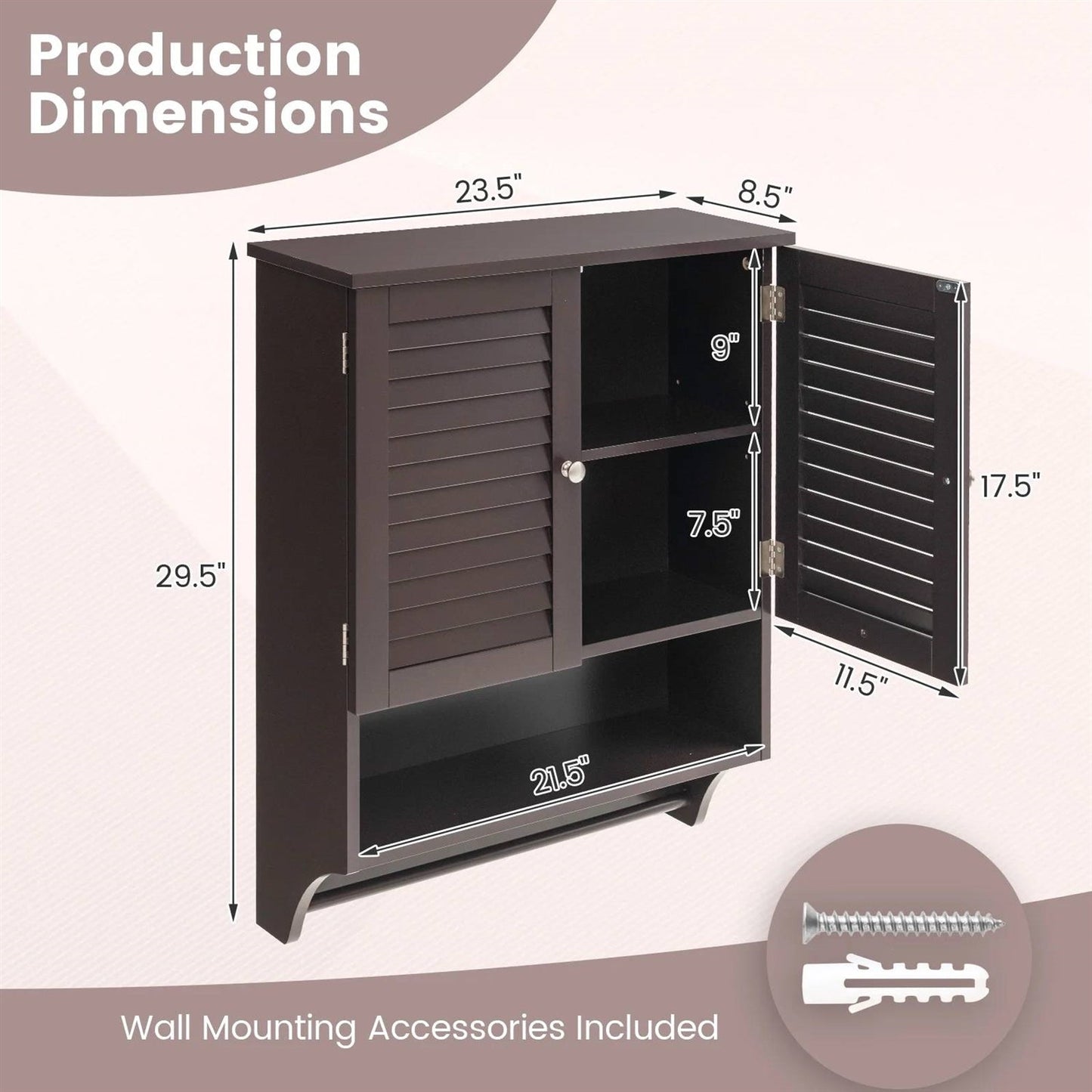 Brown Wall-Mounted Bathroom Medicine Cabinet with Louver Doors and Towel Bar-4