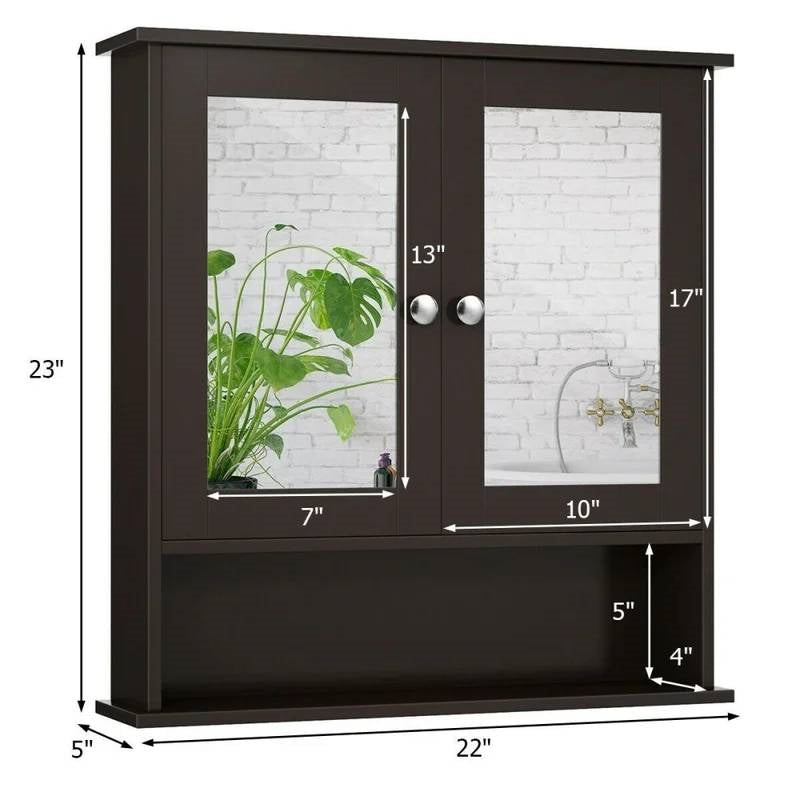 Brown Wooden Bathroom Wall / Medicine Cabinet with Mirrored Doors and Shelf-4