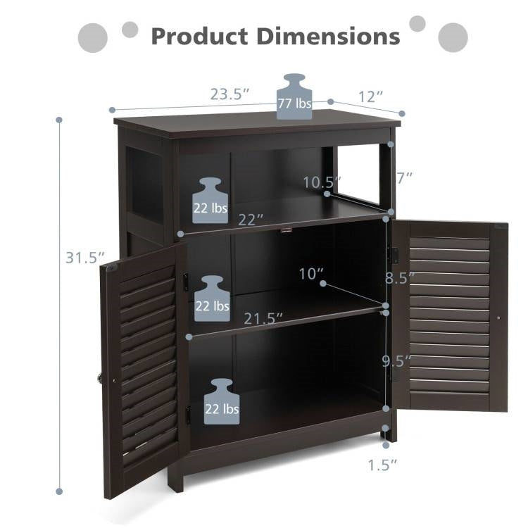 Brown Farmhouse Bathroom Linen Cabinet with Louvered Doors and Open Shelf-4