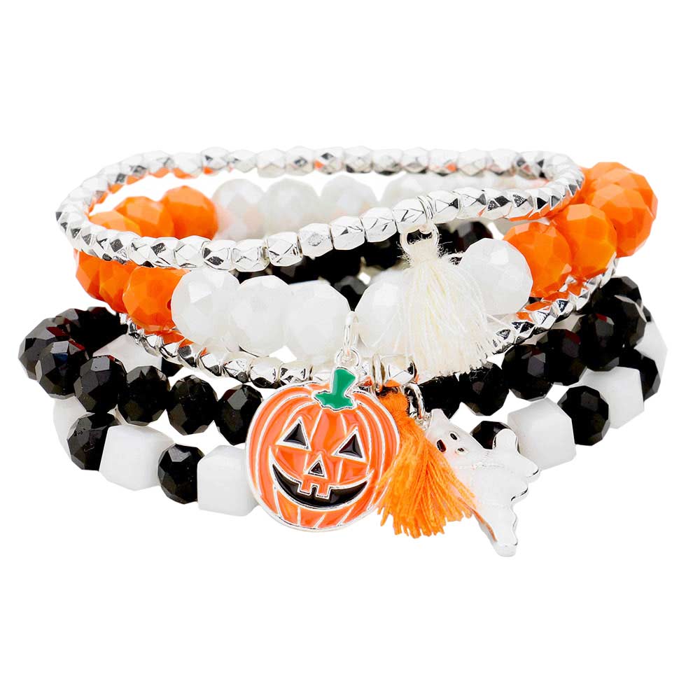 5PCS Halloween Charm Tassel Stretch Bead Layered Bracelets