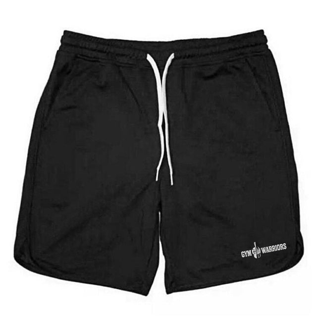 Black shorts with a white drawstring and 'Gym Warriors' logo on a white background