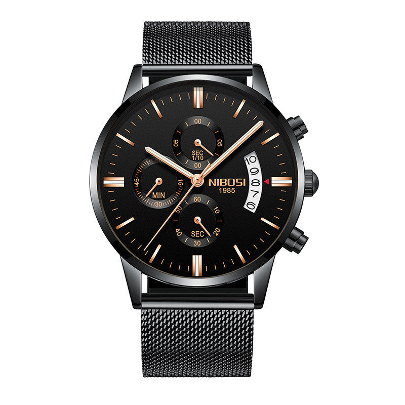 Black watch with mesh band on a white background Black watch with mesh band on a white background luxury mens wristwatch luxe watch gold trim