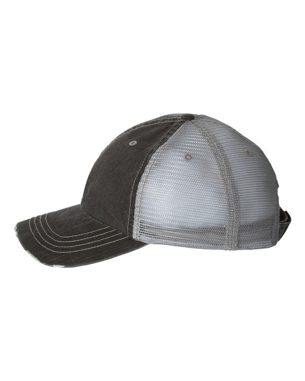 Side profile of a distressed charcoal gray and light gray mesh trucker hat with an adjustable snapback closure, curved brim, and breathable mesh back, showcasing the casual vintage-style design.