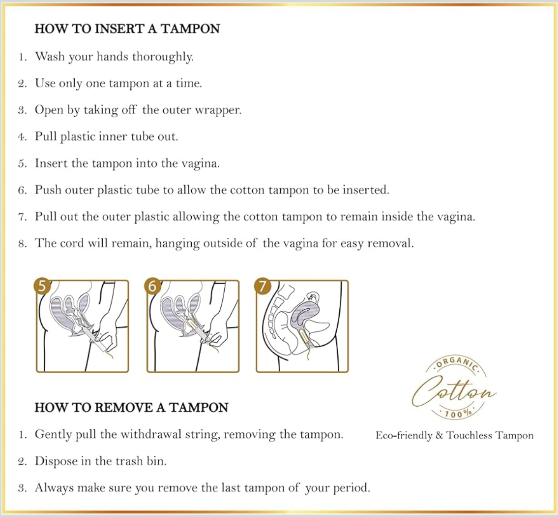 Product information sheet with instructions and ingredient list for a tampon, featuring icons and text.