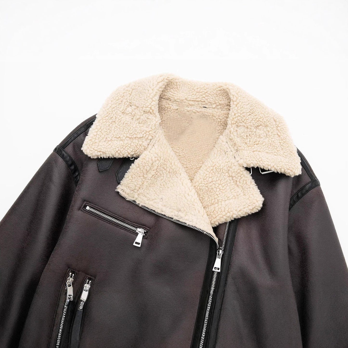 Stand up collar long sleeved patchwork fleece PU trench coat for women