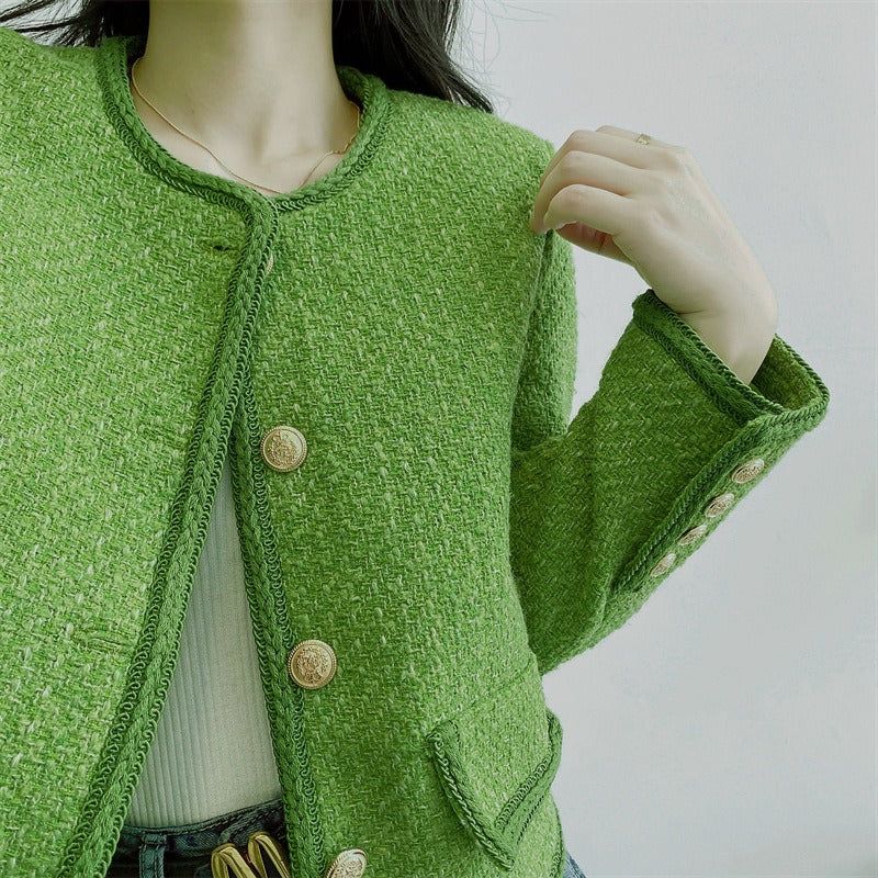 Green wool small fragrant style jacket for women's high-end design with a sense of spring and autumn temperament Short top