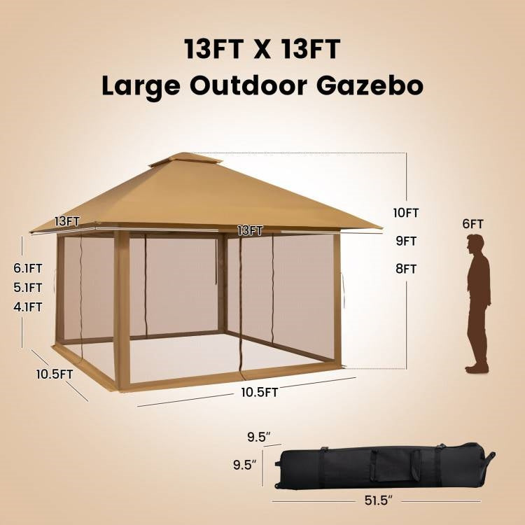 Brown 13 x 13 Ft Pop-Up Gazebo Outdoor Canopy w/ Mesh Mosquito Netting Sidewalls-4