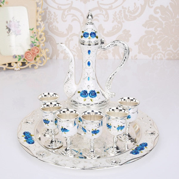 Retro Palace Drinkware Set Wedding Alloy Metal Gold/Silver And White Flagon Gift Set Home Decor 8 Piece Set: 1 Plate + 1 Wine Pot + 6 Cups