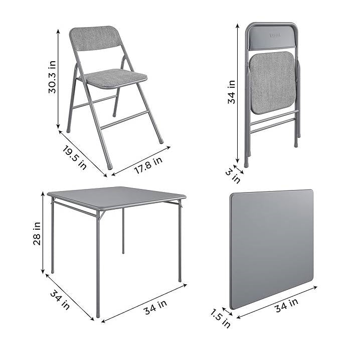 5-Piece Square Folding Dining Table and 4 Chairs Set in Grey-3
