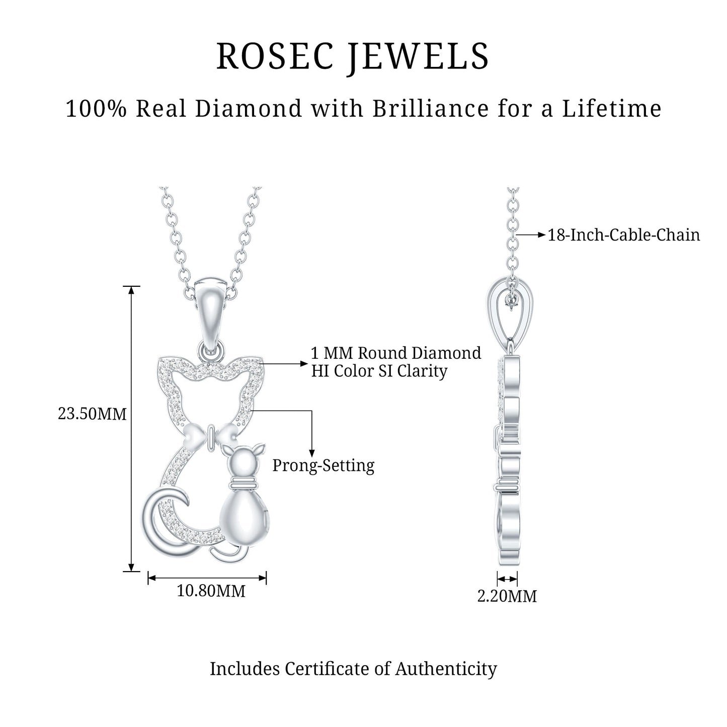 Rosec Jewels diamond pendant with measurements and chain details on a white background Kitty Cat Necklace, Cat Pendant, Cat Lover Gift, Diamond Necklace, Diamond Pendant, Lab Diamond Necklace, Natural Diamond Necklace, Fine Jewelry, Luxury Jewelry, Sterling Silver Necklace, 10K Gold Necklace, 14K Gold Necklace, 18K Gold Necklace, White Gold Necklace, Yellow Gold Necklace, Pendant Necklace, Cat Jewelry, Animal Jewelry, Women's Jewelry, Unisex Jewelry, Gift For Her, Luxury Gift, Birthday Gift, Anniversary Gif