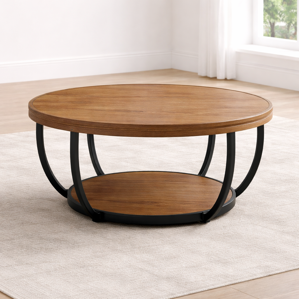 58" Mid Century Faux Leather Loveseat Sofa with Pillows & 31" Round 2-Tier Coffee Table Set, Brown-4