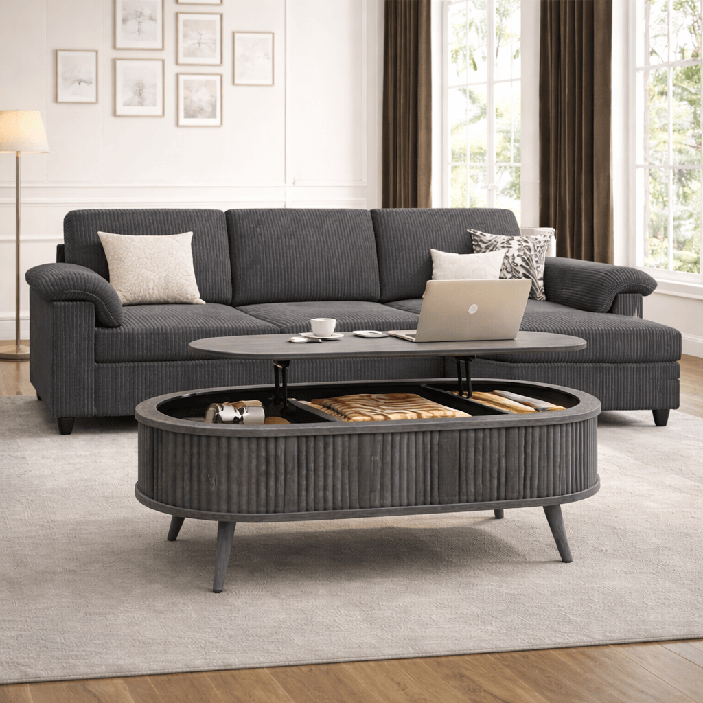 3-Seat L-Shaped Corduroy Sectional Sofa with Lift-Top Oval Coffee Table Set, Gray-4