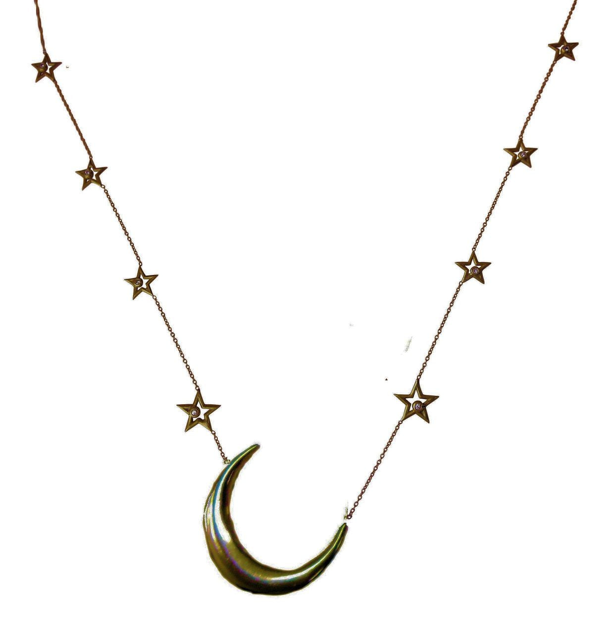 Crescent Moon on Chain of Stars. 14K gold with Diamonds-7