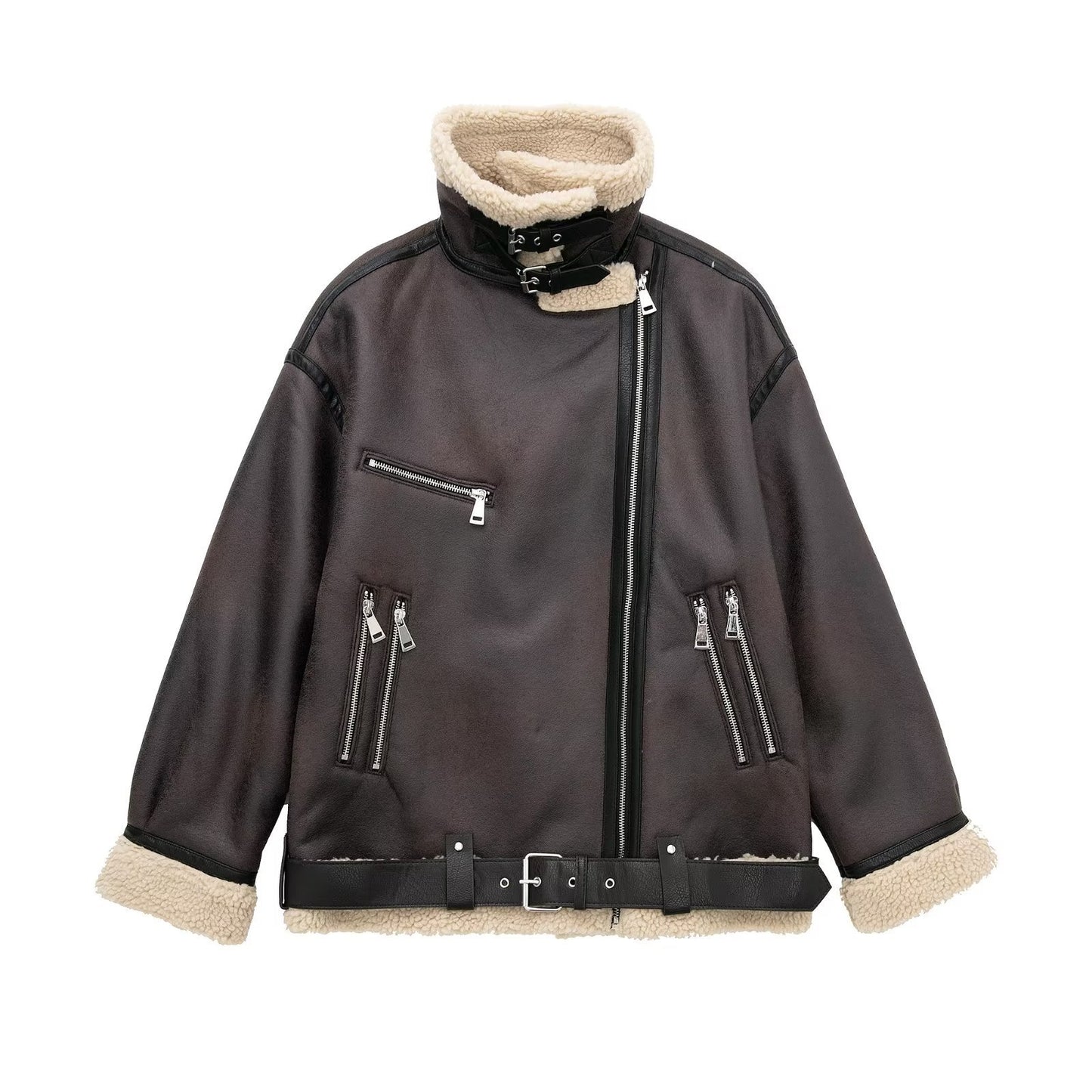Stand up collar long sleeved patchwork fleece PU trench coat for women