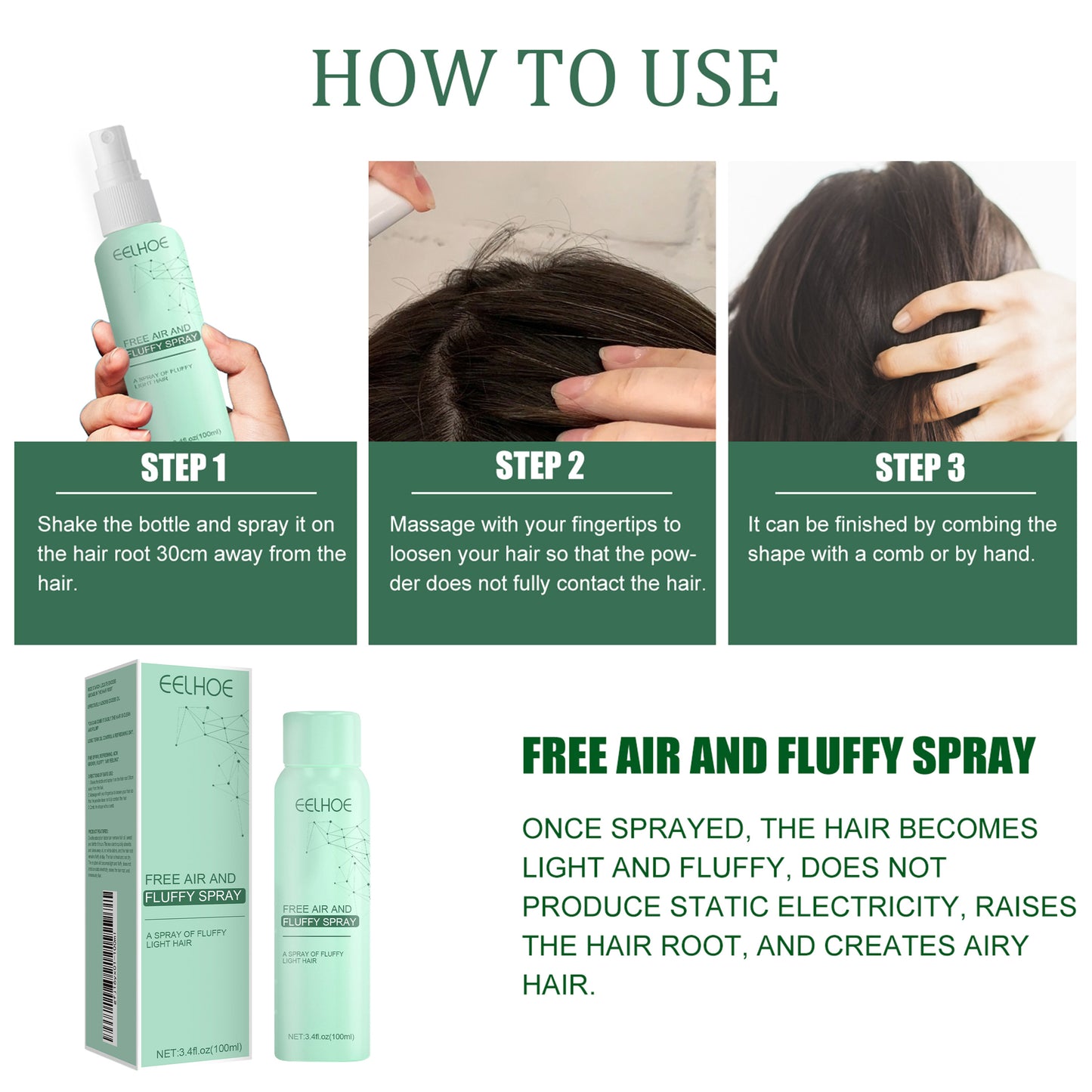 EELHOE No-Wash Dry Hair Spray, Air Fluffiness Remove Oil Dry And Cool Shampoo-free Dry Hair Agent