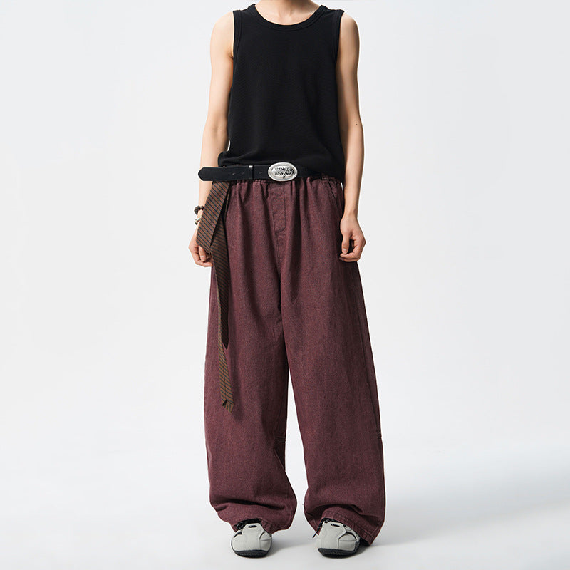 Wine Red Small Flame Embroidery Denim Pants Men's Wide Leg Trousers American Style Workwear Straight Leg Long Pants