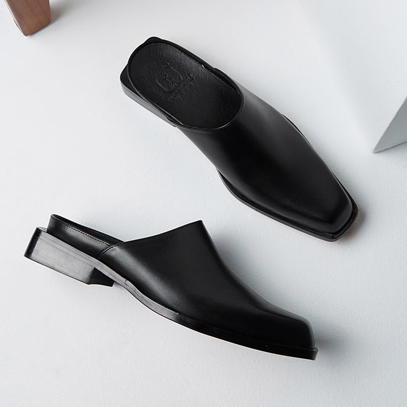 Men's square toe cowhide slippers with empty back, fashionable, casual and versatile heelless leather shoes, hollow leather slip