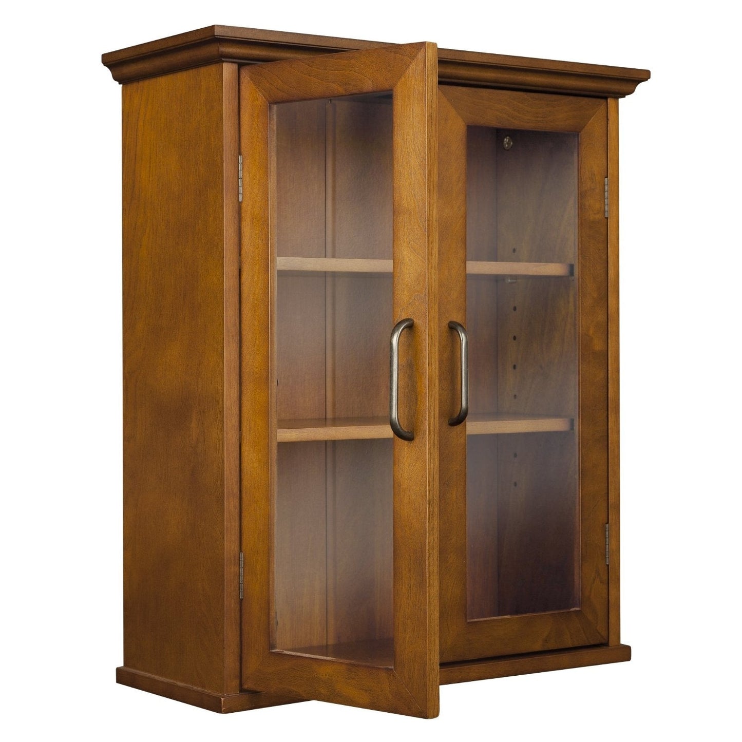 Oak Finish Bathroom Wall Cabinet with Glass 2-Doors & Shelves-2