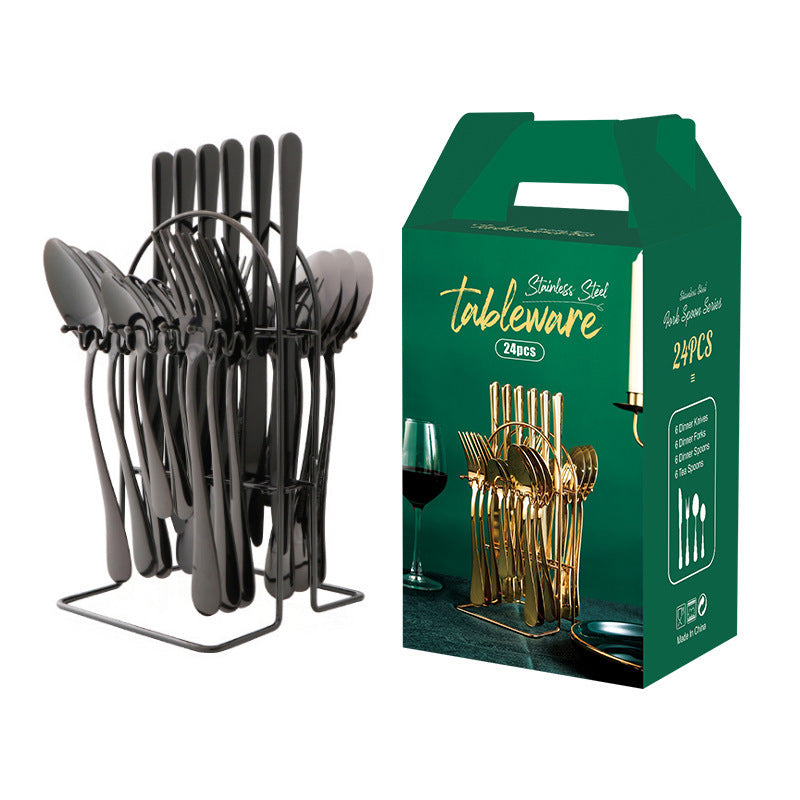 Stainless steel tableware 24 pieces set Western steak knife fork spoon restaurant hotel with storage rack gift box