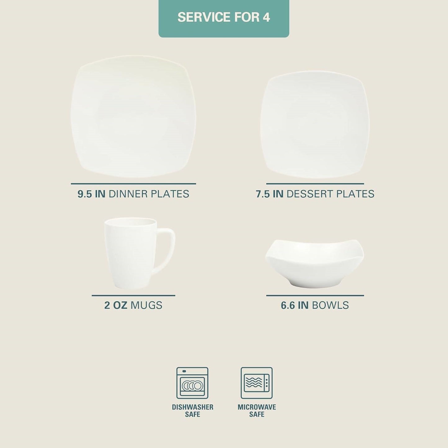 16 Pieces - White Square Porcelain Dinnerware Set - Service for 4-4