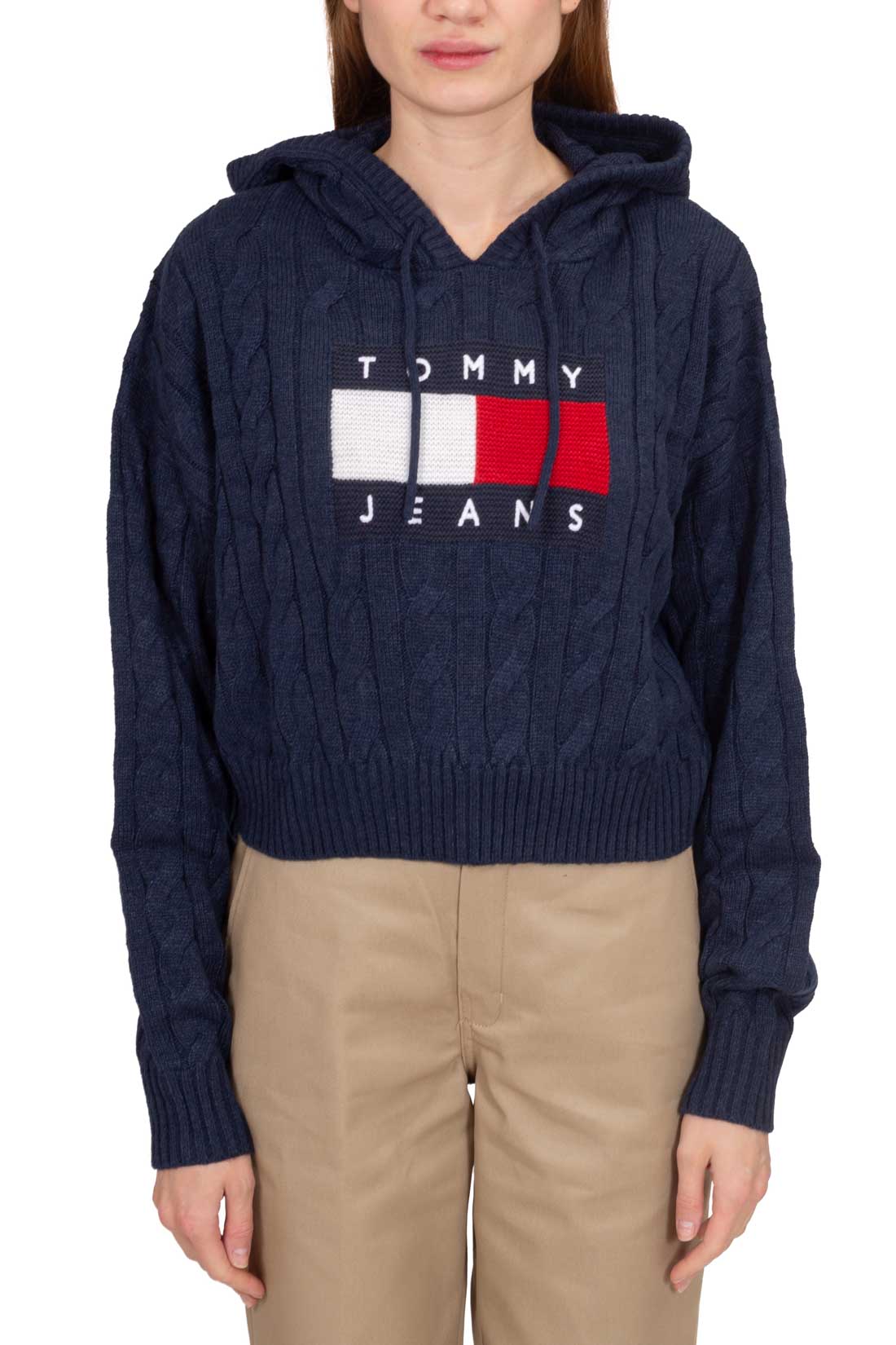 TOMMY JEANS - Women's regular crop cable sweatshirt with hood - Size M-9