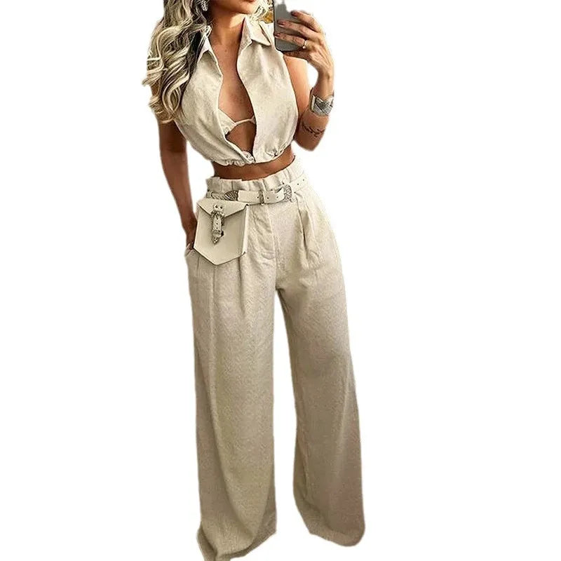 Women's beige two piece pants set with sleeveless cropped button front top, high waisted wide leg pocket trousers, matching co ord outfit, chic casual summer fashion for vacation, travel, streetwear and everyday wear