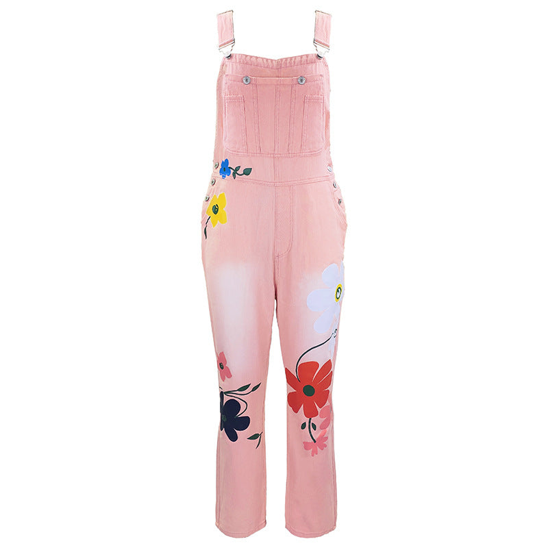 Printed jeans with non elastic straps and long pants straight tube