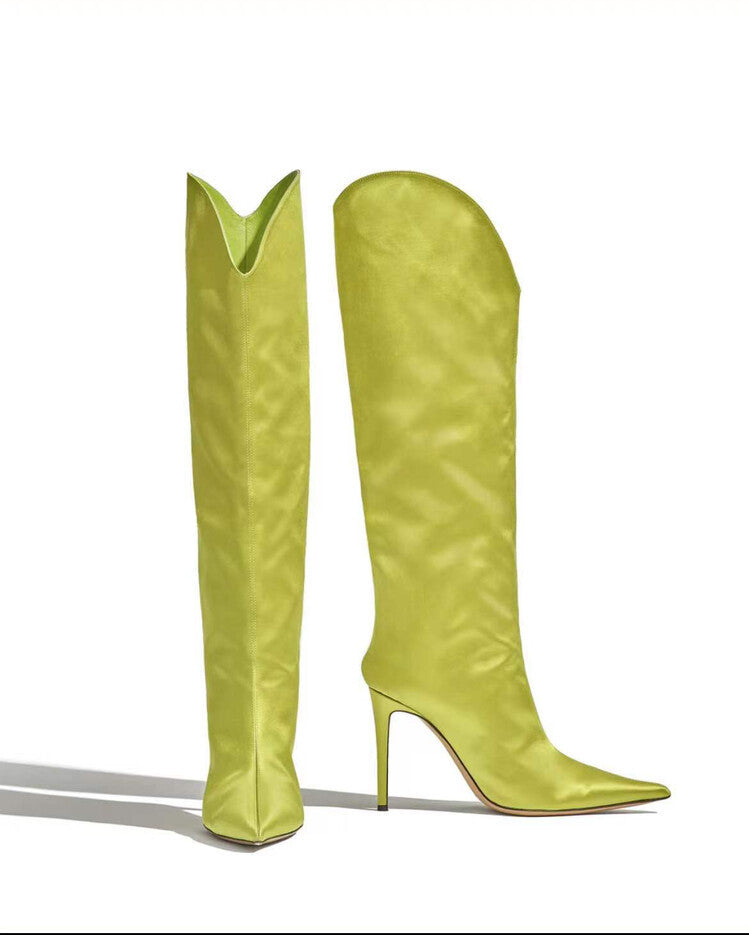 Womens Pointed Toe Silk Satin Knee Thigh Boots Stilettos High Heel Luxury Riding Western Shoes Luxury