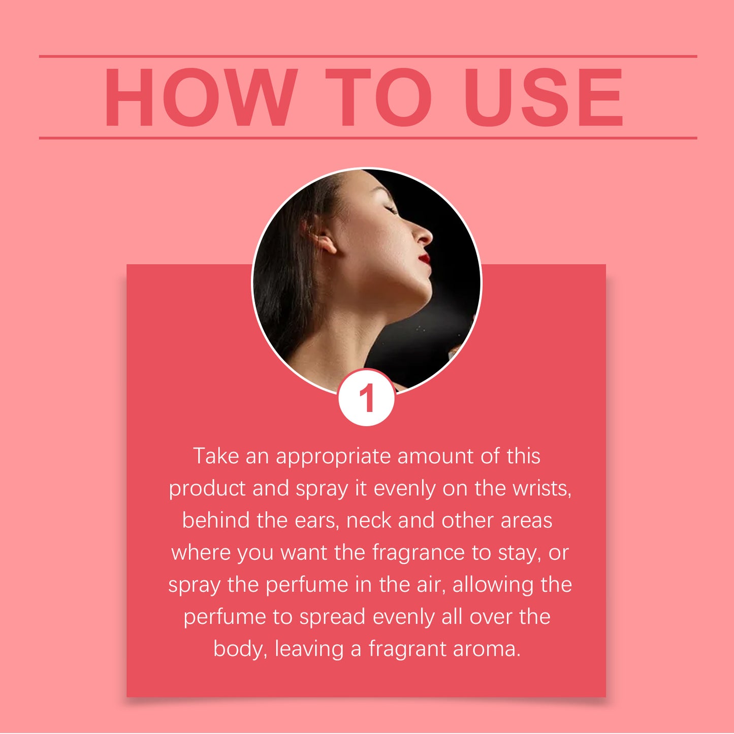 Amber Plum Body Perfume Spray usage guide showing a woman applying fragrance to her neck with step-by-step instructions recommending spraying on wrists, behind the ears, neck, or into the air for a long-lasting woody and fruity scent.