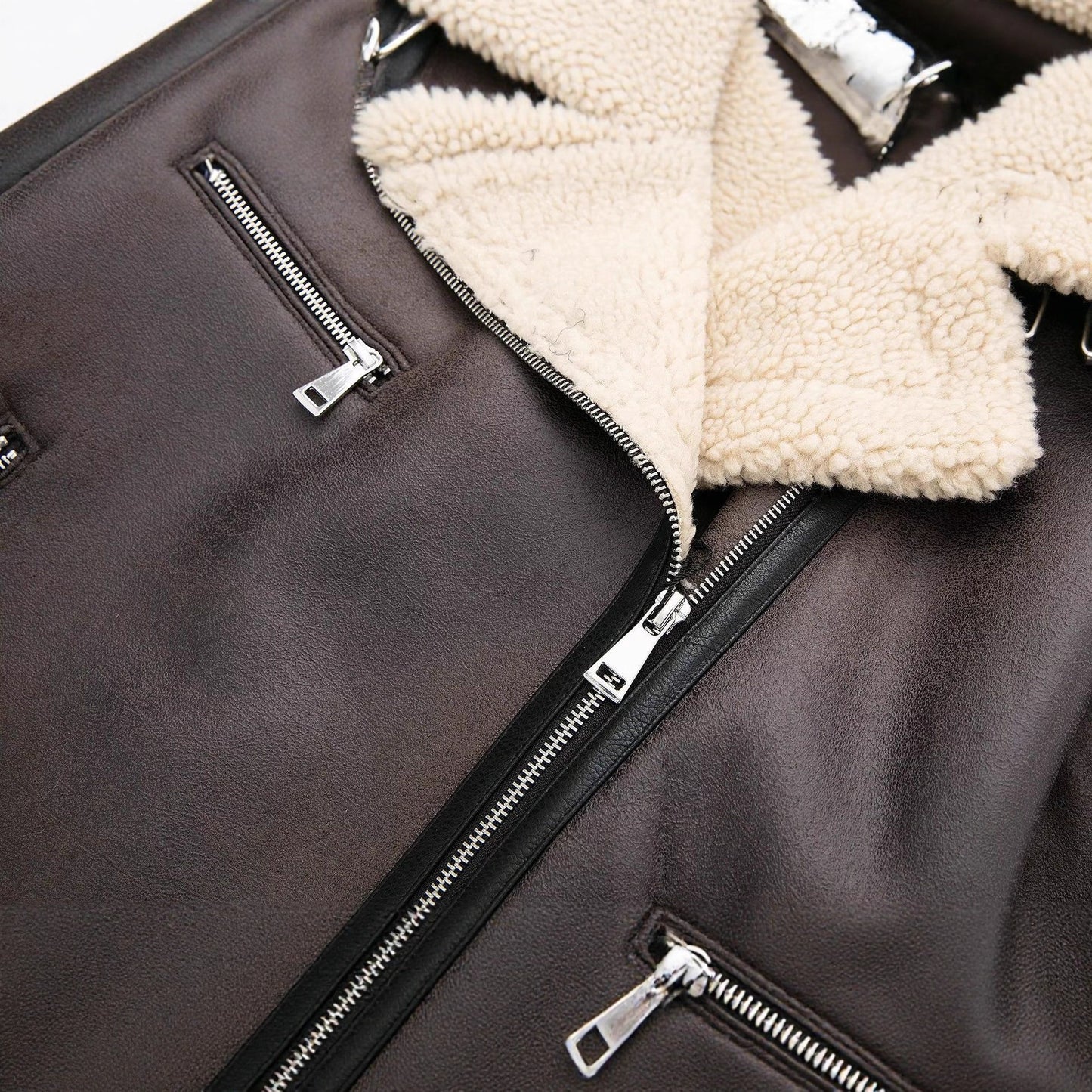 Stand up collar long sleeved patchwork fleece PU trench coat for women