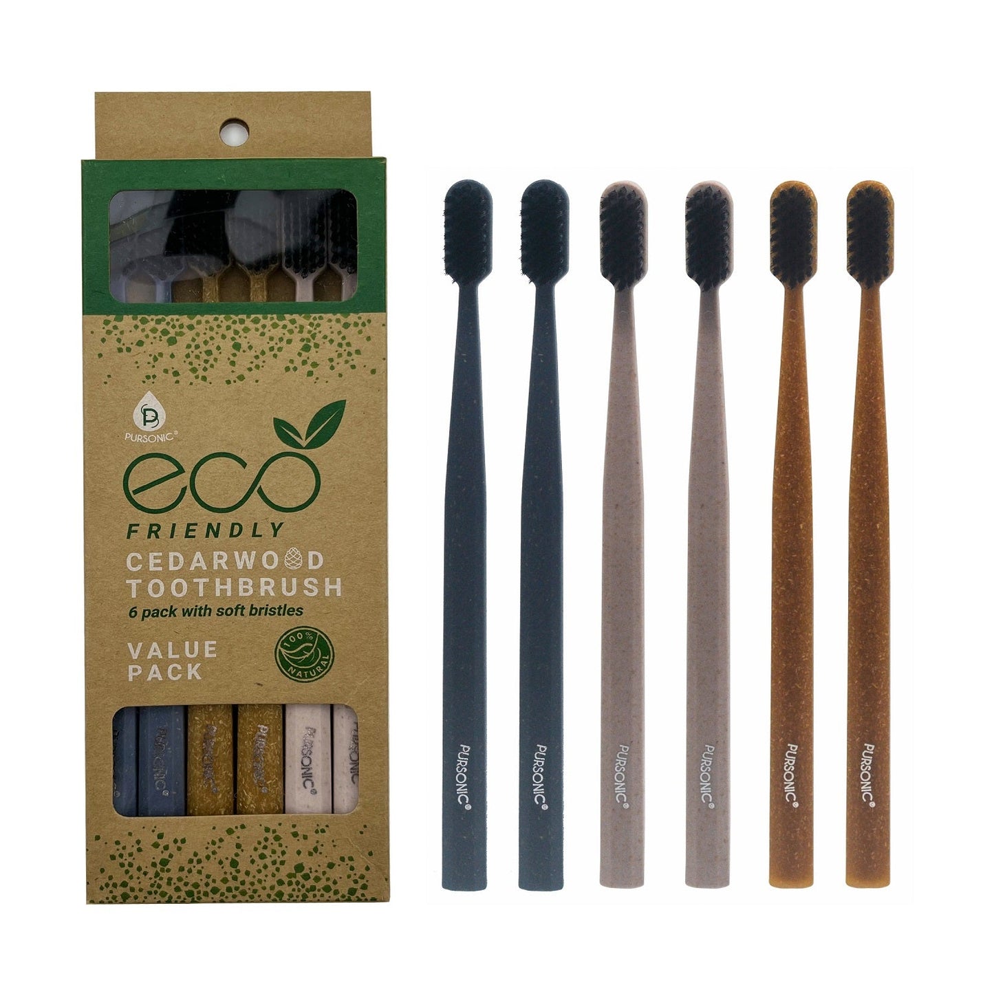 Pursonic Eco Essentials Bundle: 3 Packs of 100% Cedarwood Toothbrushes (6-Pack Each) – 18 Natural, Sustainable Toothbrushes for the Whole Family-2