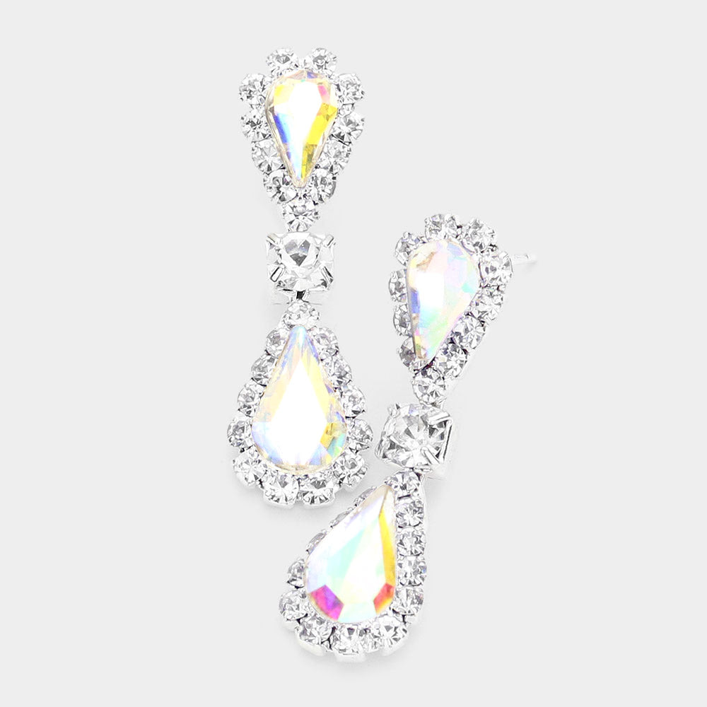 Double Teardrop Accented Rhinestone Trimmed Dangle Evening Earrings