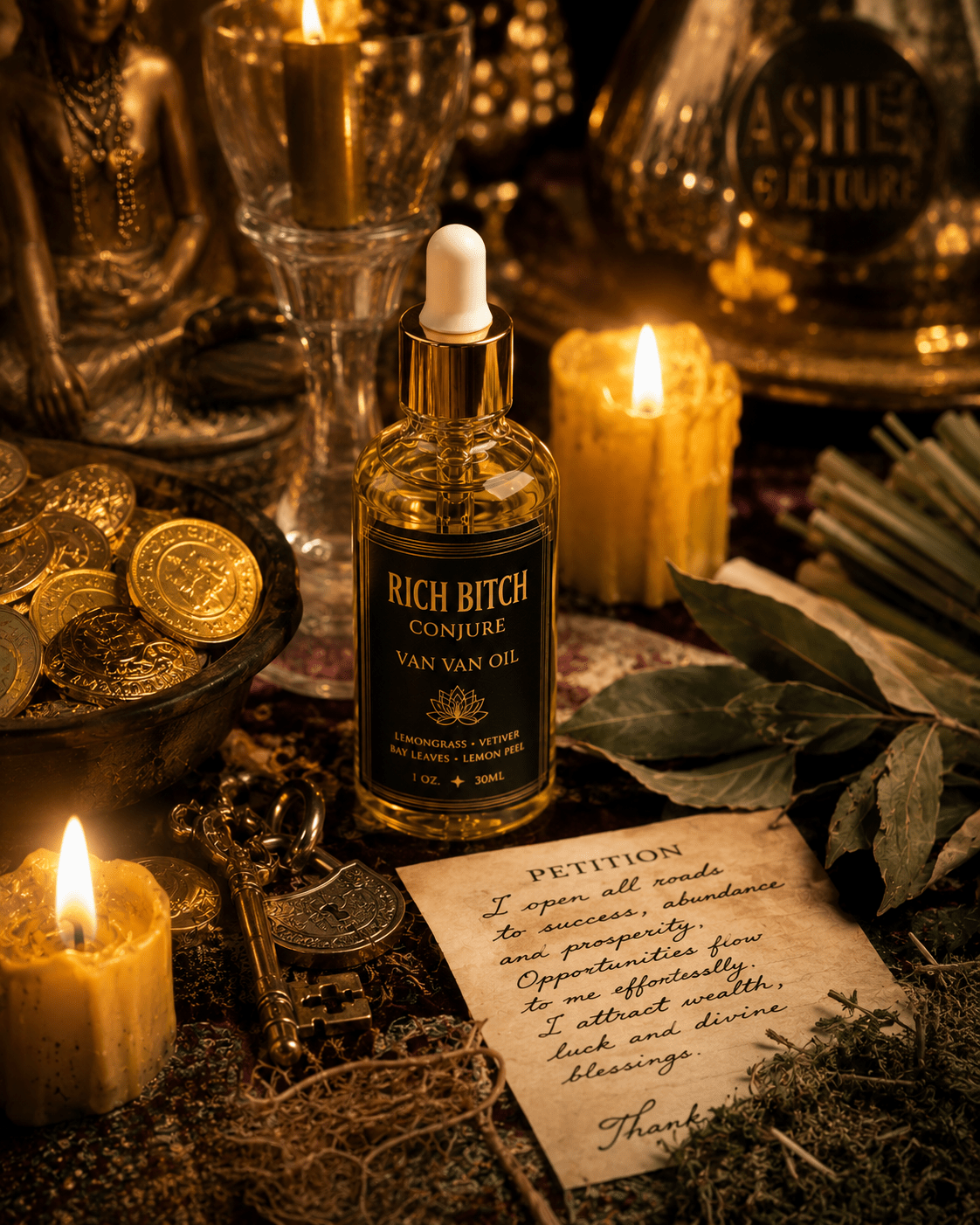 Bottle of 'Rich Bitch Conjure Van Van Oil' with candles, coins, and a key on a dark background. Exclusive Van Van Hoodoo Conjure Oil | Road Opener, Good Luck, Success & Spiritual Cleansing Oil | Limited Batch