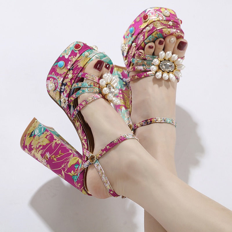 Women Rhinestone Platform Sandals Embroidered Fabric Chunky High Heels Sandals Square Toe Gemstones Sandalias