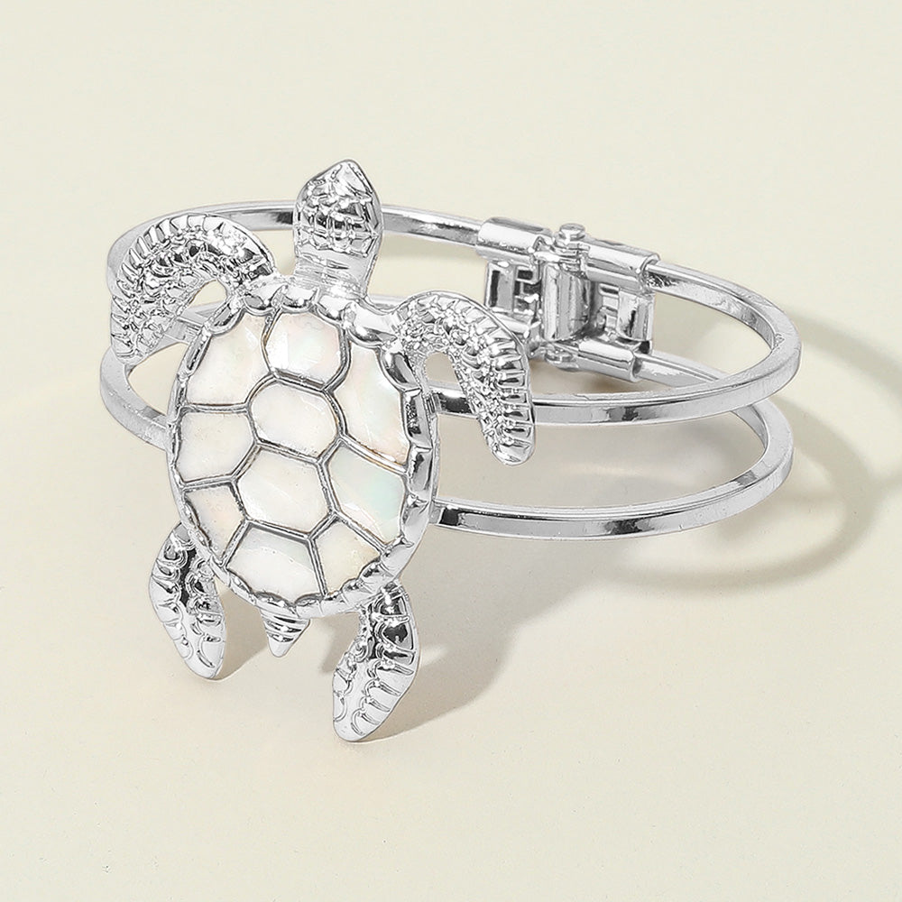 Intricate Mother of Pearl Shell Design Turtle Hinged Bracelet