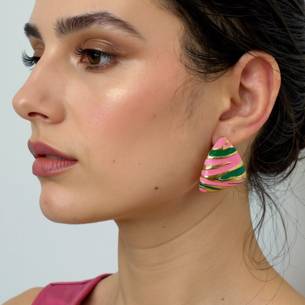 14K Gold Dipped Enamel Abstract Pattern Triangle Earrings