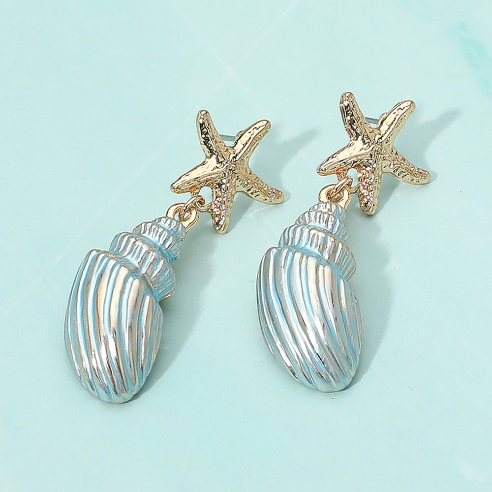 Gold Dipped Starfish Seashell Drop Dangle Statement Earrings