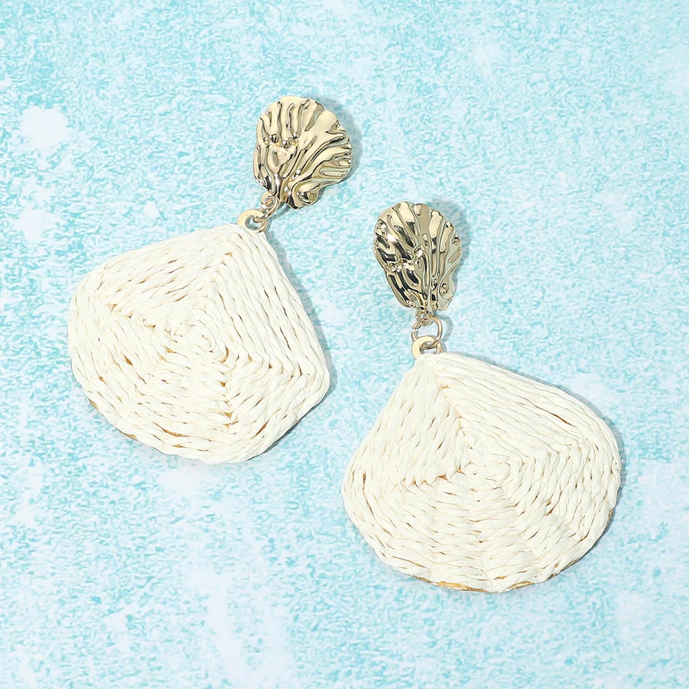 Raffia Wrapped Shell Drop Statement Earrings