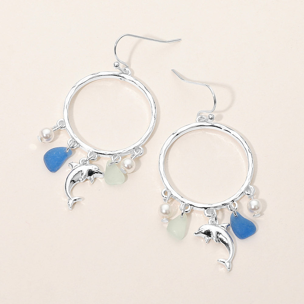 Dolphin Sea Glass Charm Drop Open Ring Dangle Earrings